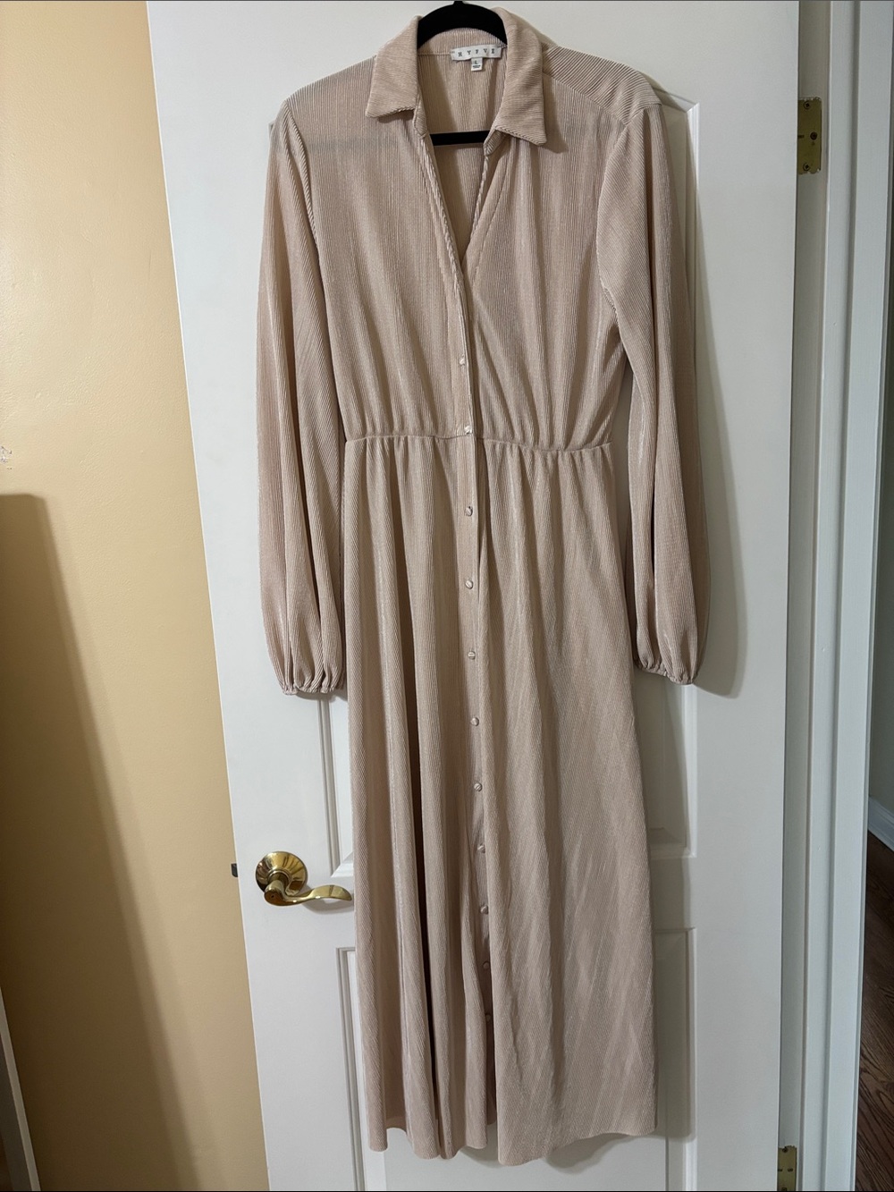 Neutral Beige Button-Front Long Sleeve Midi Dress
